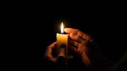 Hands Holding a Candle in Darkness for Hope and Contemplative Light