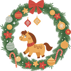 Christmas wreath with christmas horse. Chinese new year symbol 2026. Vector illustration zodiac animals preparation for the new year, winter holidays on white background




