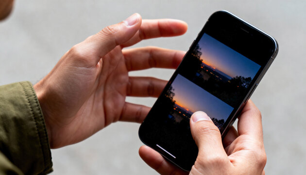A person holding a smartphone and browsing a photo gallery of sunset pictures. Man using a mobile app for photo editing or social media - Powered by Adobe
