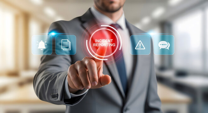 Professional businessman activating incident reporting system in modern office setting for enhanced safety and compliance with a touch of urgency and control