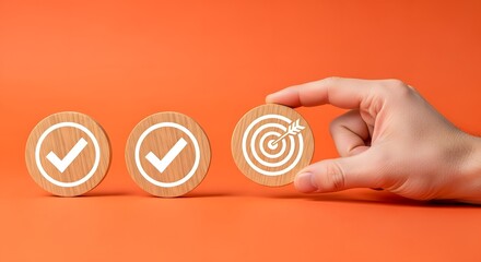 Achieve goals and targets now, two steps completed and the final target selected, showcasing success and focus on orange background for professional projects
