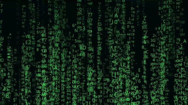 Matrix numbers on green screen in 4k graphics animation with different texture with different latter's, numbers 