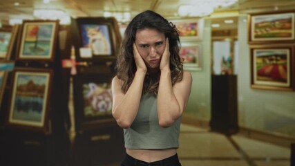 Woman covering ears standing amid painting display in gallery for loud noise; annoyance sensory overload.
