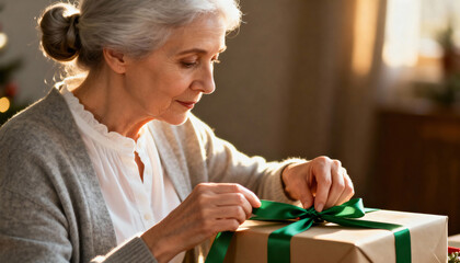 Senior woman wrapping a Christmas gift at home. Elderly grandmother tying a green satin ribbon on a present for the holidays