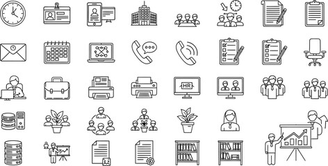 Collection of hand drawn business and office icons representing various concepts and services
