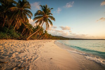 Golden sunset bathes tranquil tropical beach in warm serene light beneath swaying palm trees