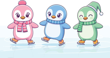 Three cartoon penguins ice skating in colorful winter clothes, perfect for holiday fun, kids content, and seasonal design