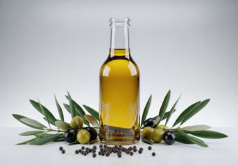 Golden olive oil bottle surrounded by fresh olives and leaves