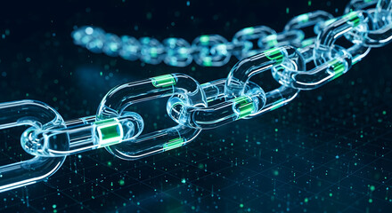 Close up of a blockchain concept with glowing chain links on a dark blue background