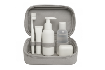 Travel toiletry bag with personal care items for hygiene, featuring compact bottles and toothbrush on transparent background