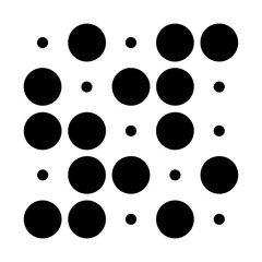 Abstract arrangement of black circles and dots on a white background creating a modern geometric pattern with a sense of digital art and design