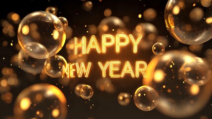 Happy New Year text with bokeh lights and bubbles festive celebration background for holiday greetings and party invitations