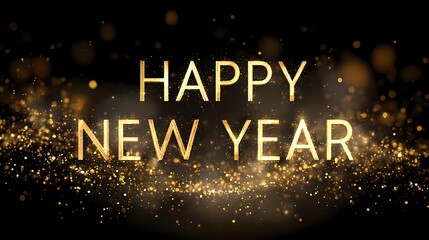 Happy New Year golden text with glitter particles festive celebration design for holiday greetings and seasonal promotions on a dark background