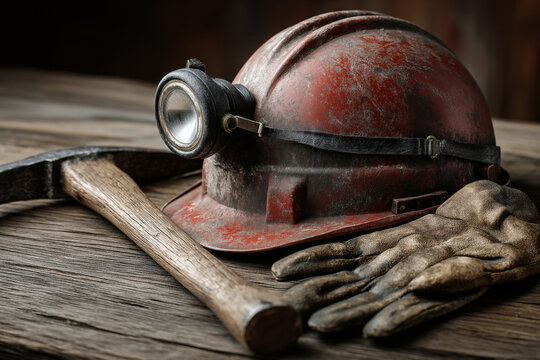 Miner’s tools helmet, gloves, and pickaxe lying on a wooden table, close-up composition