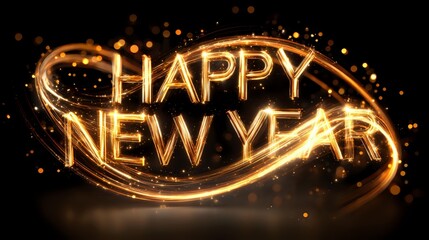 Happy New Year text with golden light trails festive celebration design element isolated on black background