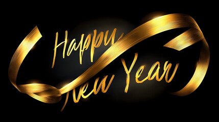 Elegant golden ribbon spelling Happy New Year a festive design element for holiday greetings and seasonal promotions on a black background