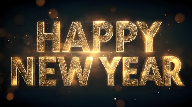 Happy New Year golden text effect sparkling glitter particles festive celebration background for holiday season greetings and invitations