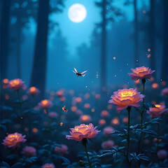 Spring flowers and butterflies in a bright colorful sky