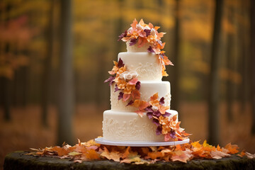 Naklejka premium Pièce montée de mariage blanche décorée de feuilles d’automne colorées, posée sur une souche en forêt, visuel romantique et saisonnier avec espace négatif copyspace pour mariage en automne 