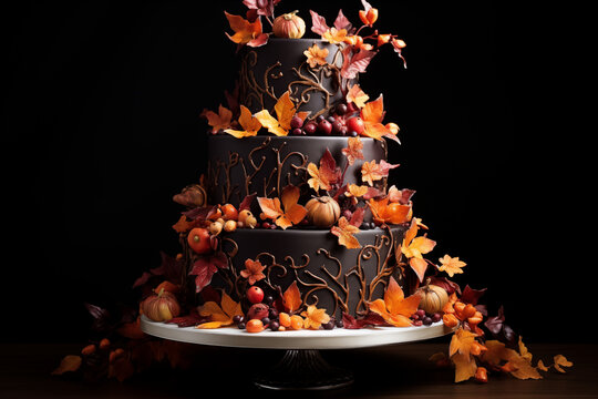 G&acirc;teau &agrave; &eacute;tages d&eacute;cor&eacute; de fleurs orange, branches sombres et mini citrouilles sur fond noir, composition spectaculaire avec espace n&eacute;gatif copyspace pour &eacute;v&eacute;nement automnal, mariage ou Halloween