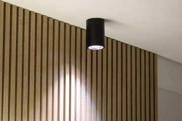 Modern ceiling spotlight illuminating a wooden slat wall, highlighting texture and minimalistic interior design with warm and soft lighting.