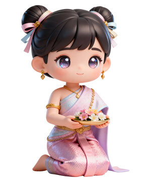 Cute Thai girl in pink traditional dress holding lotus flower