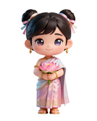 Cute Thai girl in pink traditional dress holding lotus flower
