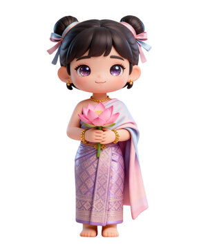 Cute Thai girl in pink traditional dress holding lotus flower