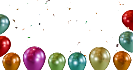 Festive confetti and flying balloons png. Isolated 3d render of multicolored balloons and confetti falling on transparent background, confetti flying on the floor with balloons. flying balloons