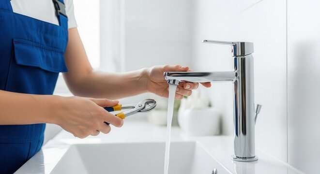 Plumber fixing modern bathroom faucet with water running