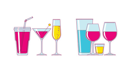An illustrated collection of different alcoholic and non alcoholic beverages in glasses