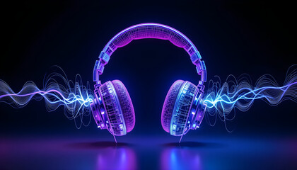 Futuristic Headphones Generating Vibrant Audio Sound Waves and Digital Frequencies