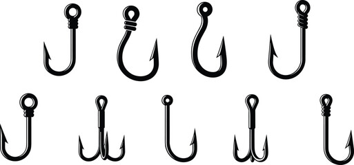 Set of detailed fishing hook illustrations showcasing various single and treble hook designs in clean monochrome vector style for angling, equipment, and outdoor sport graphics