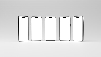 Five phone for mockup displayed in a curve forming. View of a mobile phones with empty screen ready...