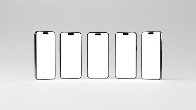 Five phone for mockup displayed in a curve forming. View of a mobile phones with empty screen ready for place your designs. Ready for mock up.