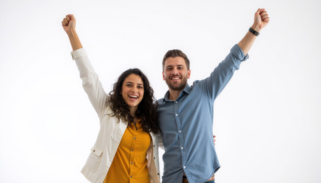 A joyful man and woman celebrating with raised fists, smiling broadly against a white background. - Powered by Adobe