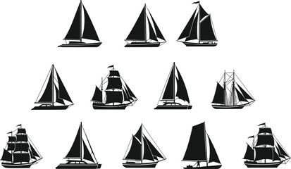 Collection of detailed sailing boat and ship silhouette icons designed in elegant black vector style for nautical themes, marine graphics, ocean illustrations, and creative artworks