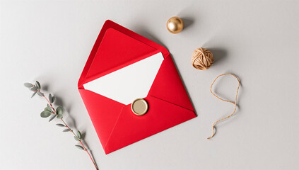 Envelope vermelho com enfeites de natal e barbante em fundo minimalista