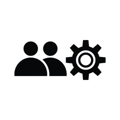 Teamwork and collaboration concept, two people icons next to a gear icon isolated on