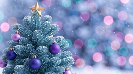 Decorated Christmas tree with falling snow. Purple ornaments and a gold star on a blue fir. Festive holiday background with colorful bokeh lights and copy space