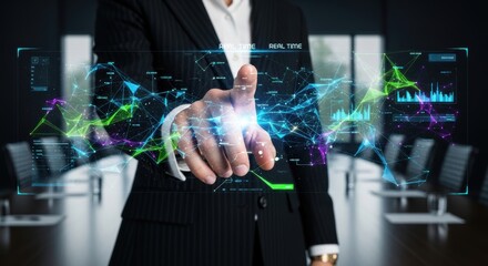 Businesswoman interacting with a futuristic user interface displaying data visualizations and network connections in real time