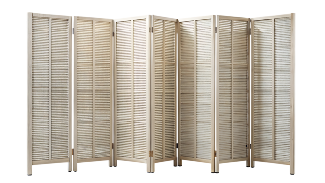 A vintage, distressed, white wooden folding screen room divider with intricate patterns, isolated on transparent background
