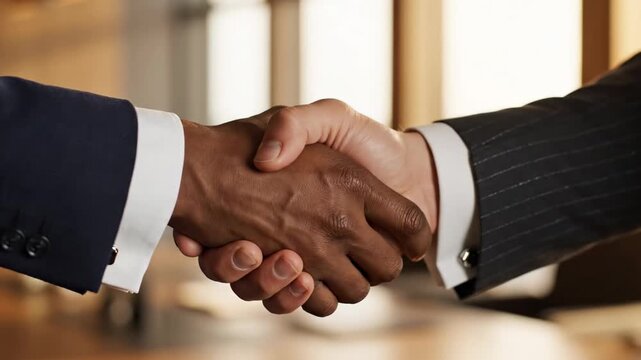 A close-up shot captures two individuals, one with darker skin tone and the other with lighter skin tone, firmly engaging in a professional handshake. Both are dressed in formal business attire, with 