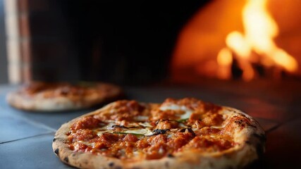 Rustic wood-fired pizzas baking in traditional brick oven