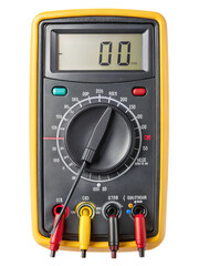 A yellow digital multimeter with a black dial and probes, isolated on a transparent background, displaying 00 on its screen, a tool for measuring electrical values