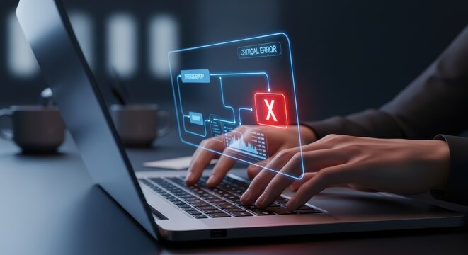Person typing on laptop with critical error interface for system failure or cybersecurity vulnerability concept