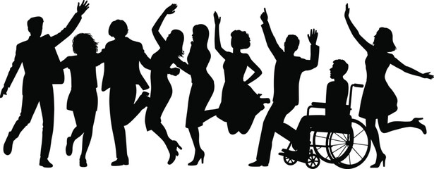 Diverse group celebrating together in joyful silhouette poses, inclusive community illustration featuring energetic people and wheelchair representation