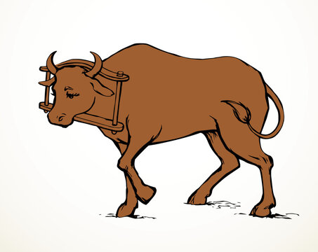 Vector drawing. Old wooden yoke on the cow