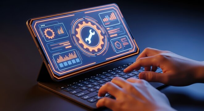 Manages digital data using a tablet showing analytics graphs and information for business intelligence application on an interface design
