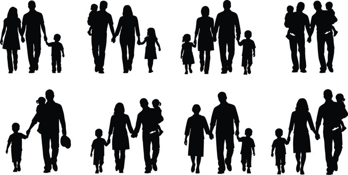 Collection of family silhouettes walking together, parents holding hands with children